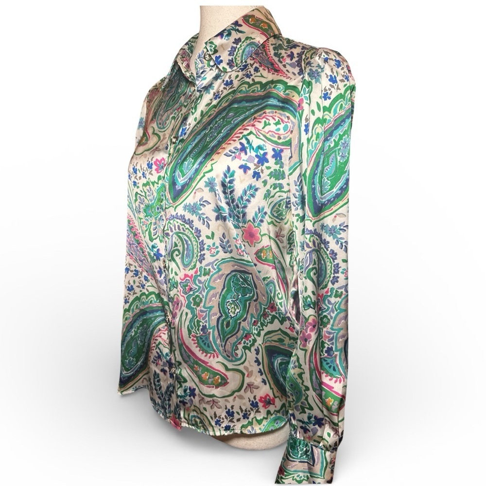 ZARA Paisley Print Satin Blouse Sz M Green Pink Boho Button Front - Picture 8 of 14